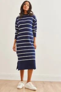 Olalook Women's Navy Blue Crew Neck Striped Slit Thick Knitwear Dress