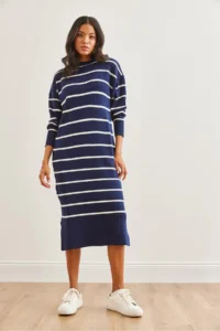 Olalook Women's Navy Blue Crew Neck Striped Slit Thick Knitwear Dress - Image 2