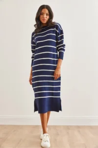 Olalook Women's Navy Blue Crew Neck Striped Slit Thick Knitwear Dress - Image 3