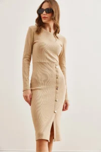 Olalook Women's Beige Button Detailed Slit Midi Flexible Dress - Image 2