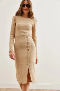 Olalook Women's Beige Button Detailed Slit Midi Flexible Dress - Image 3