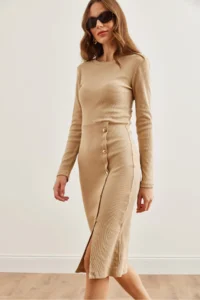 Olalook Women's Beige Button Detailed Slit Midi Flexible Dress - Image 4