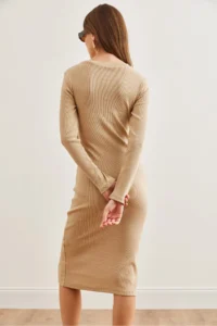Olalook Women's Beige Button Detailed Slit Midi Flexible Dress - Image 5