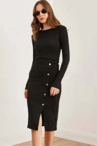 Olalook Women's Black Button Detailed Slit Midi Flexible Dress