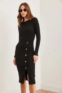 Olalook Women's Black Button Detailed Slit Midi Flexible Dress - Image 3