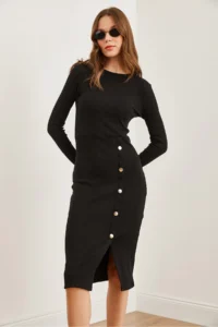 Olalook Women's Black Button Detailed Slit Midi Flexible Dress - Image 4
