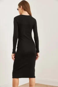 Olalook Women's Black Button Detailed Slit Midi Flexible Dress - Image 5