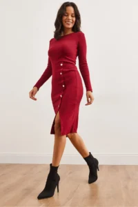 Olalook Women's Burgundy Button Detailed Slit Midi Flexible Dress