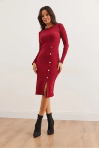Olalook Women's Burgundy Button Detailed Slit Midi Flexible Dress - Image 2