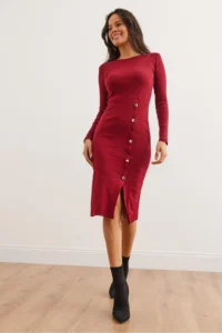 Olalook Women's Burgundy Button Detailed Slit Midi Flexible Dress - Image 3