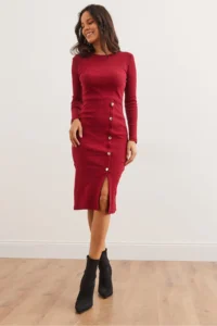 Olalook Women's Burgundy Button Detailed Slit Midi Flexible Dress - Image 4