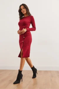 Olalook Women's Burgundy Button Detailed Slit Midi Flexible Dress - Image 5