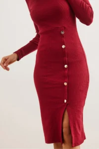 Olalook Women's Burgundy Button Detailed Slit Midi Flexible Dress - Image 6
