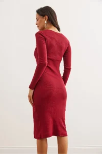 Olalook Women's Burgundy Button Detailed Slit Midi Flexible Dress - Image 7