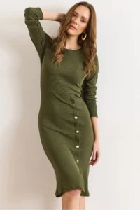 Olalook Women's Khaki Button Detailed Slit Midi Flexible Dress