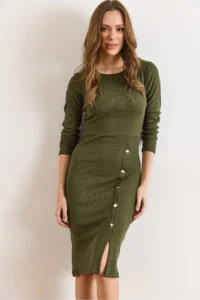 Olalook Women's Khaki Button Detailed Slit Midi Flexible Dress - Image 2