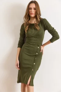 Olalook Women's Khaki Button Detailed Slit Midi Flexible Dress - Image 3