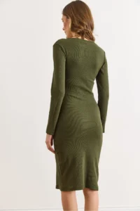 Olalook Women's Khaki Button Detailed Slit Midi Flexible Dress - Image 4