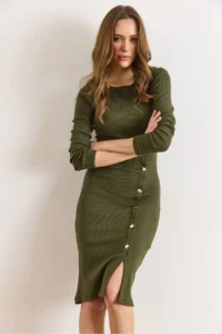 Olalook Women's Khaki Button Detailed Slit Midi Flexible Dress - Image 6