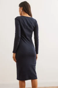 Olalook Women's Navy Blue Button Detailed Slit Midi Flexible Dress - Image 7