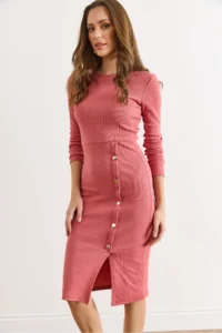 Olalook Women's Dusty Rose Button Detailed Slit Midi Flexible Dress - Image 2