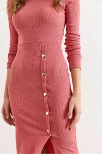 Olalook Women's Dusty Rose Button Detailed Slit Midi Flexible Dress - Image 3