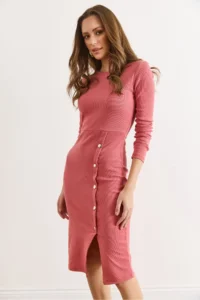 Olalook Women's Dusty Rose Button Detailed Slit Midi Flexible Dress - Image 6