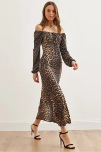 Olalook Women's Black Brown Lace Detailed Slit Maxi Leopard Dress