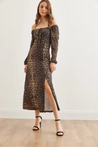 Olalook Women's Black Brown Lace Detailed Slit Maxi Leopard Dress - Image 2