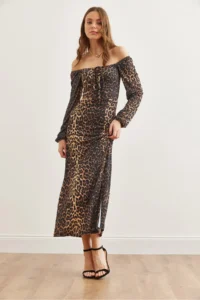 Olalook Women's Black Brown Lace Detailed Slit Maxi Leopard Dress - Image 3