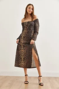 Olalook Women's Black Brown Lace Detailed Slit Maxi Leopard Dress - Image 4