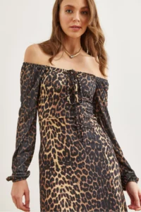Olalook Women's Black Brown Lace Detailed Slit Maxi Leopard Dress - Image 5