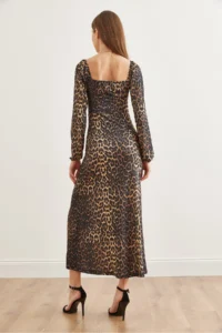 Olalook Women's Black Brown Lace Detailed Slit Maxi Leopard Dress - Image 6