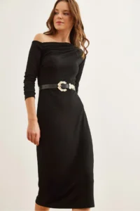 Olalook Women's Black Soft Textured Boat Neck Dress