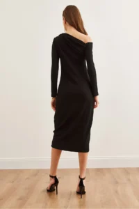 Olalook Women's Black Soft Textured Boat Neck Dress - Image 2
