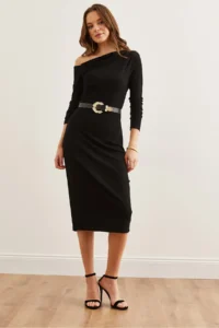 Olalook Women's Black Soft Textured Boat Neck Dress - Image 3
