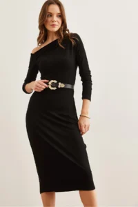 Olalook Women's Black Soft Textured Boat Neck Dress - Image 4