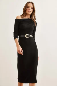 Olalook Women's Black Soft Textured Boat Neck Dress - Image 5