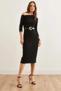 Olalook Women's Black Soft Textured Boat Neck Dress - Image 6
