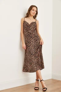 Olalook Women's Leopard Coffee Strap Adjustable Midi Satin Dress - Image 2