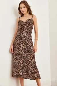 Olalook Women's Leopard Coffee Strap Adjustable Midi Satin Dress - Image 3