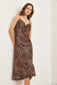 Olalook Women's Leopard Coffee Strap Adjustable Midi Satin Dress - Image 4