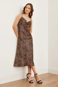 Olalook Women's Leopard Coffee Strap Adjustable Midi Satin Dress - Image 5