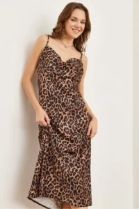 Olalook Women's Leopard Coffee Strap Adjustable Midi Satin Dress - Image 6