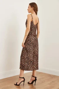 Olalook Women's Leopard Coffee Strap Adjustable Midi Satin Dress - Image 7
