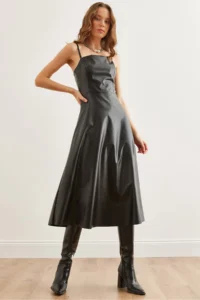 Olalook Women's Black Strappy Side Zipper Midi Faux Leather A-Line Dress