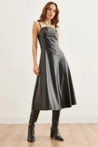 Olalook Women's Black Strappy Side Zipper Midi Faux Leather A-Line Dress - Image 2