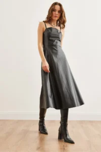Olalook Women's Black Strappy Side Zipper Midi Faux Leather A-Line Dress - Image 3
