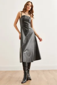 Olalook Women's Black Strappy Side Zipper Midi Faux Leather A-Line Dress - Image 4