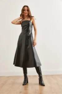 Olalook Women's Black Strappy Side Zipper Midi Faux Leather A-Line Dress - Image 5